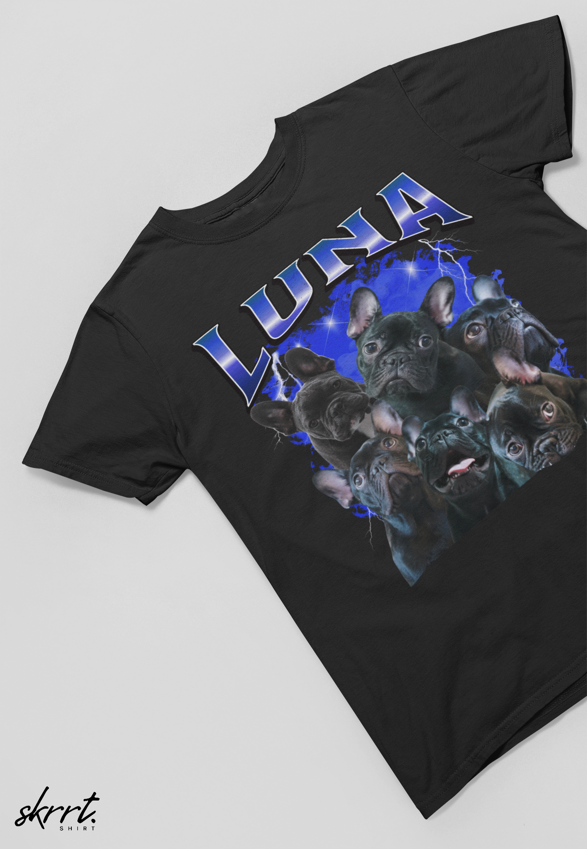Zwarte T-shirt met LUNA-tekst en collage van honden op borst.