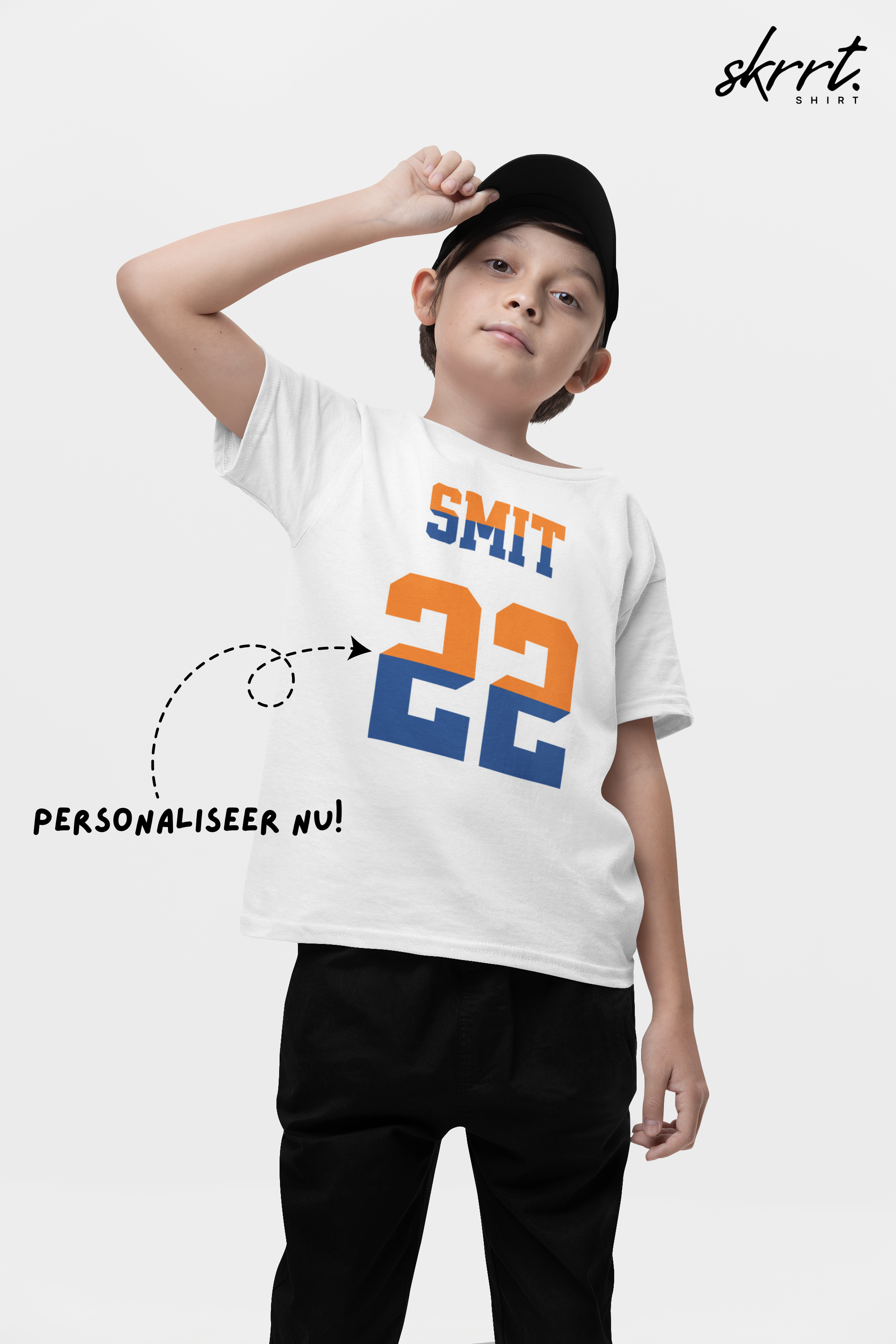Kind Voetbal T-shirt - EK, WK en Koningsdag Kinderkleding - Personaliseer met Naam & Rugnummer (Voorkant) - oranje en blauwe tekst