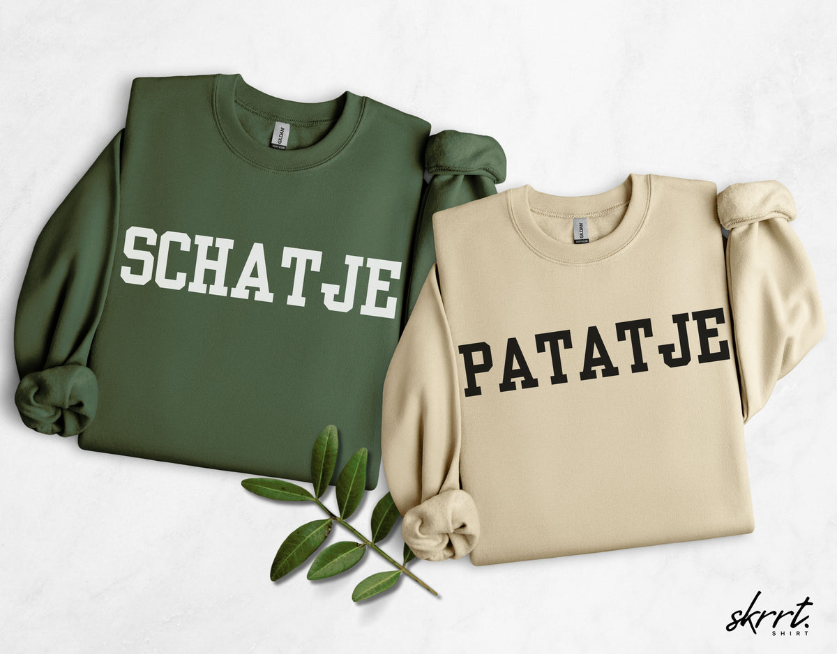 Set van 2 truien: olijfgroen met “SCHAT’JE” en beige met “PATAT’JE”