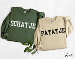 Set van 2 truien: olijfgroen met “SCHAT’JE” en beige met “PATAT’JE”