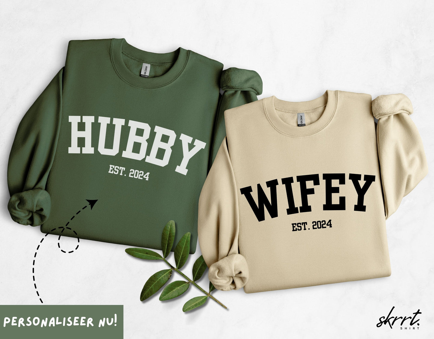 Gepersonaliseerde Bruiloft en trouwdag truien cadeau - Wifey & Hubby Koppel Huwelijksreis truien met EST Jaar #1