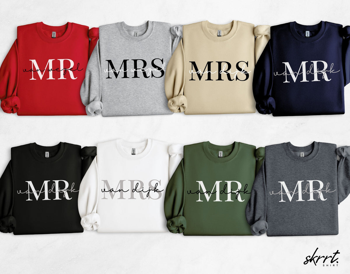Set gepersonaliseerde sweaters met MR/MRS/MBR-achtige bedrukking in meerdere kleuren