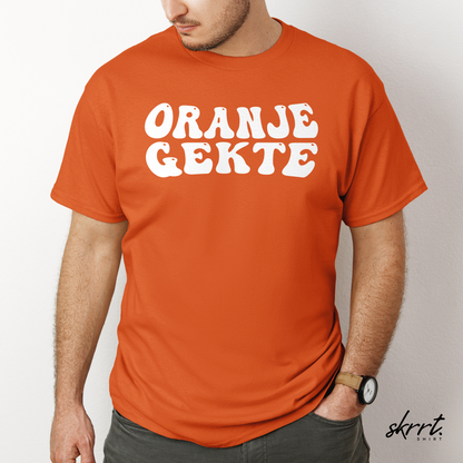 Oranjegekte - witte tekst | Front Print | Koningsdag T-shirt | Oversized | Heren