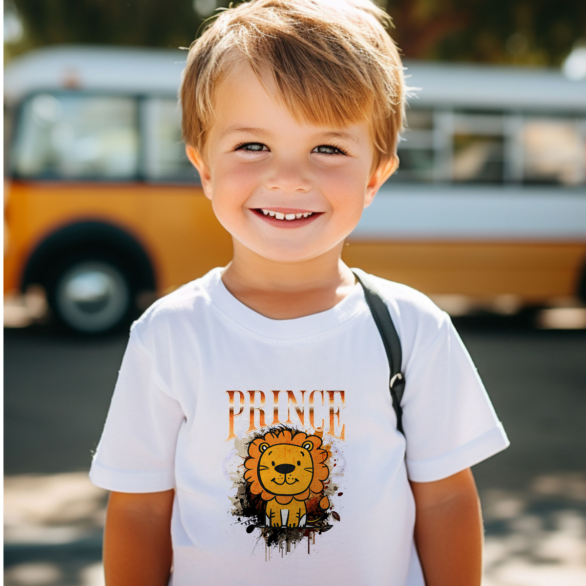 Kinder T-shirt (wit) met leeuwprint en 'PRINCE'-tekst; ronde hals, korte mouwen