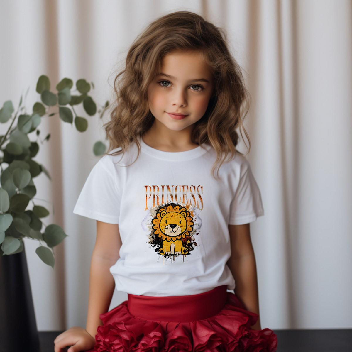 Wit kinder-T-shirt op een meisje met voorprint leeuwenkop en 'Princess'