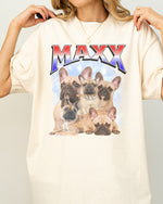 Crème t-shirt met grote huisdierenfoto en gekleurde 'MAXX' opdruk.