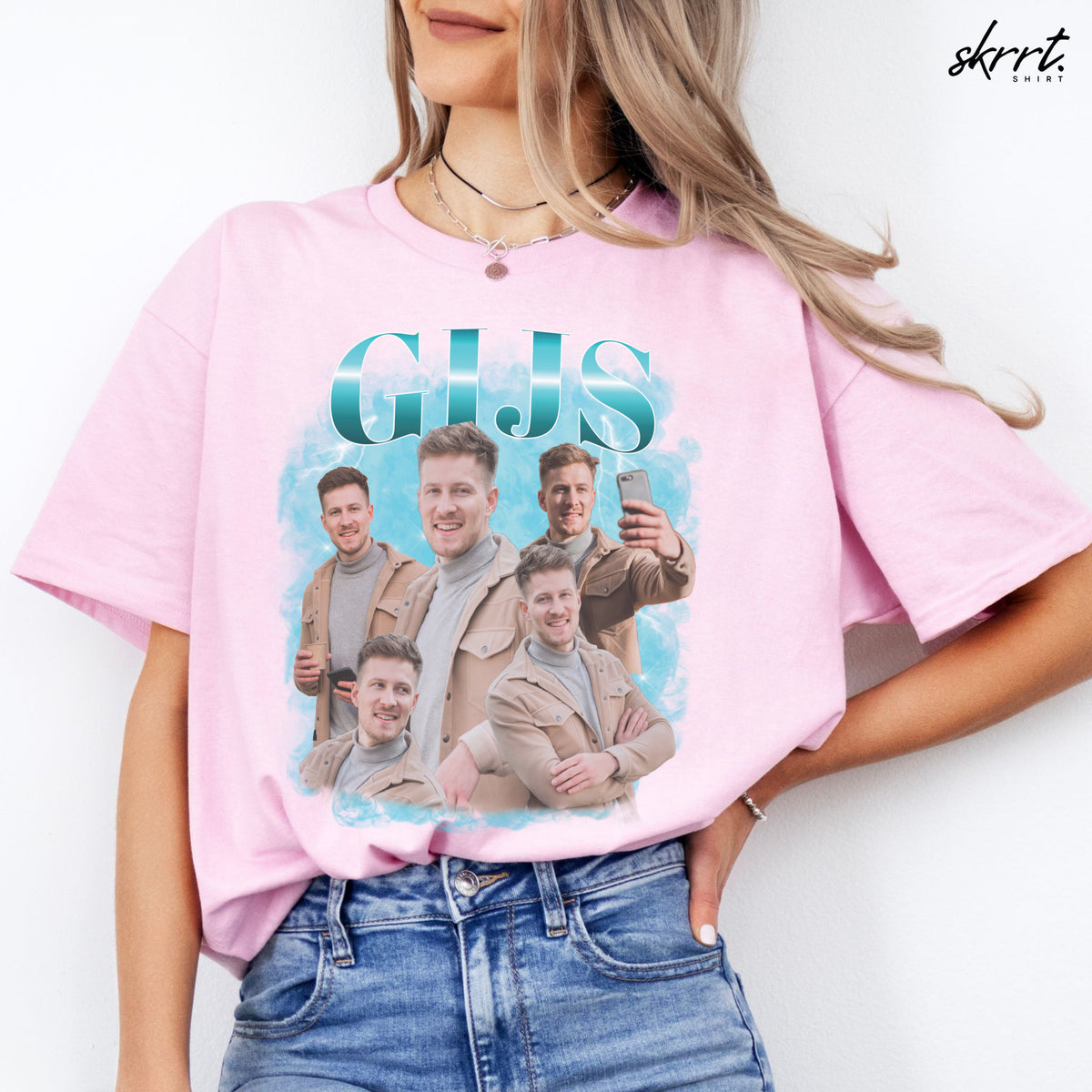 Roze t-shirt met grote foto- en tekstprint op de borst, korte mouwen