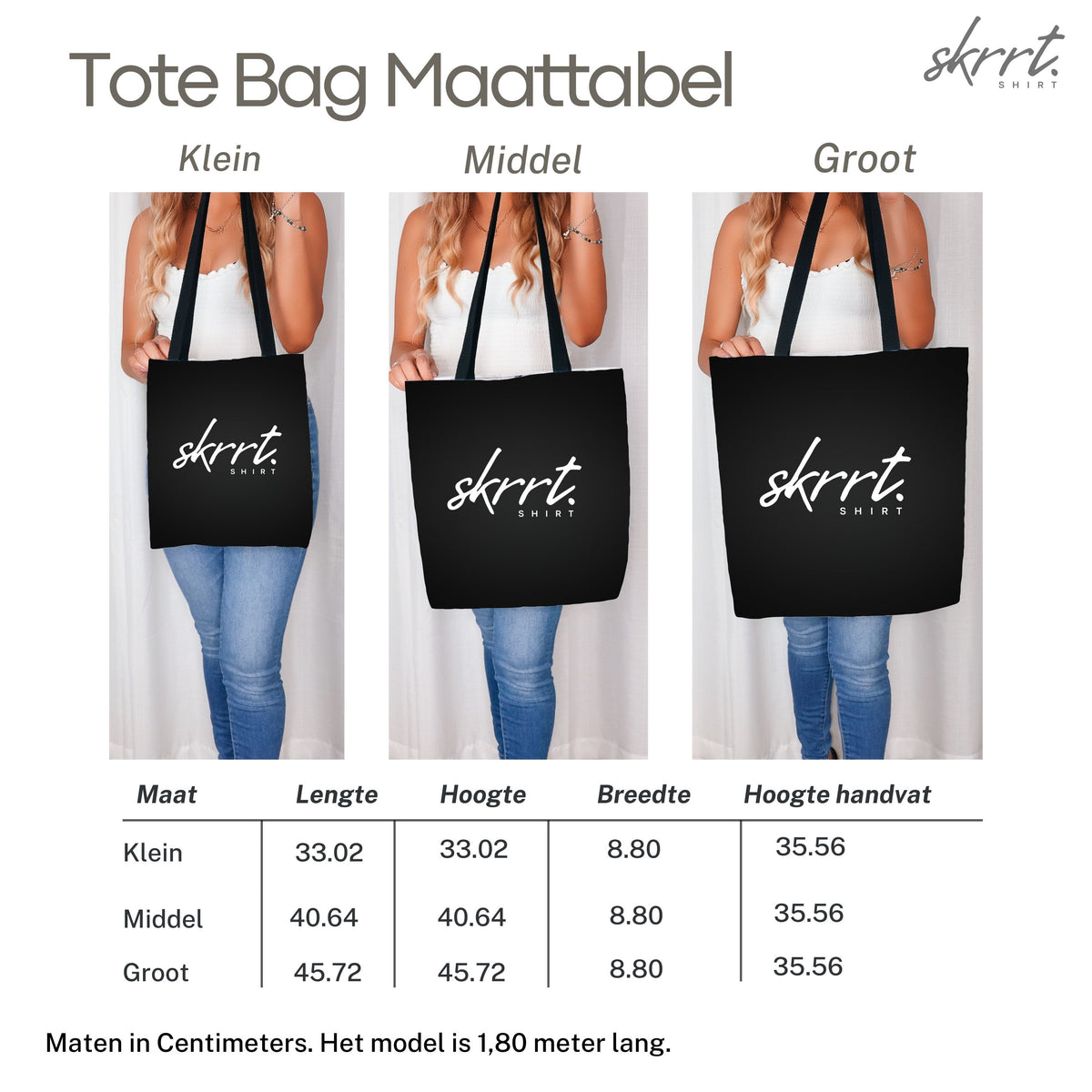 Maattabel tote bag: maten klein, middel en groot met handvatlengte