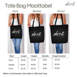 Maattabel tote bag: maten klein, middel en groot met handvatlengte