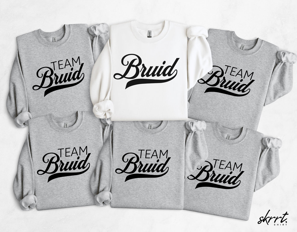 Set van grijze en witte sweatshirts met 'TEAM Bruid' op borst