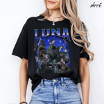 Zwarte T-shirt met LUNA-opdruk en collage van honden op borst.