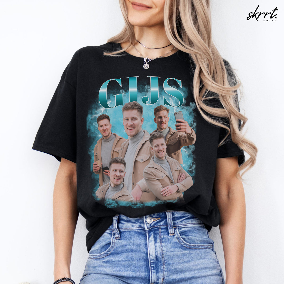 Zwart t-shirt met grote foto- en tekstprint op de borst, ronde hals