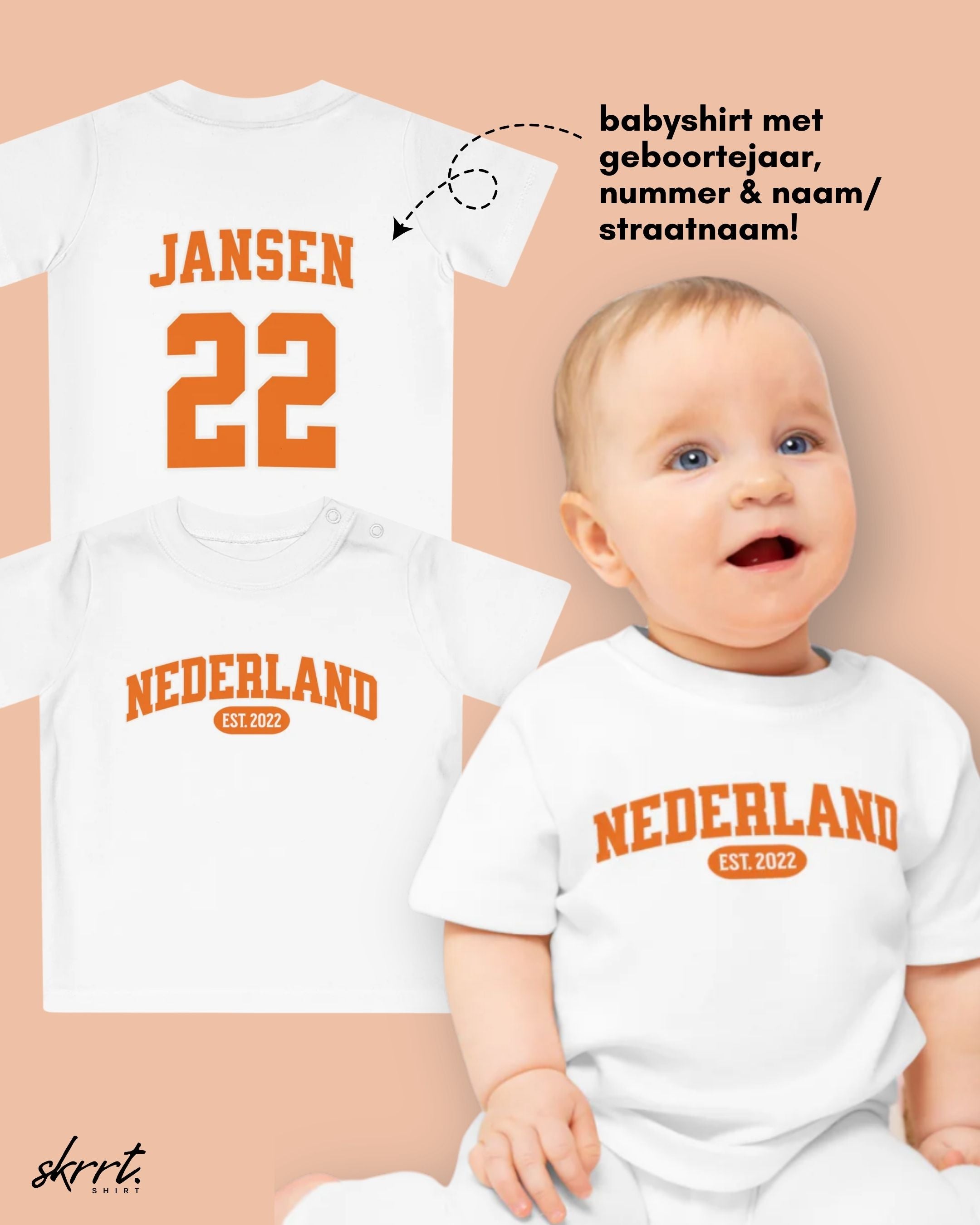 Baby T-shirt voor EK, WK en Koningsdag - Personaliseer met Naam, Jaar & Rugnummer - NEDERLAND