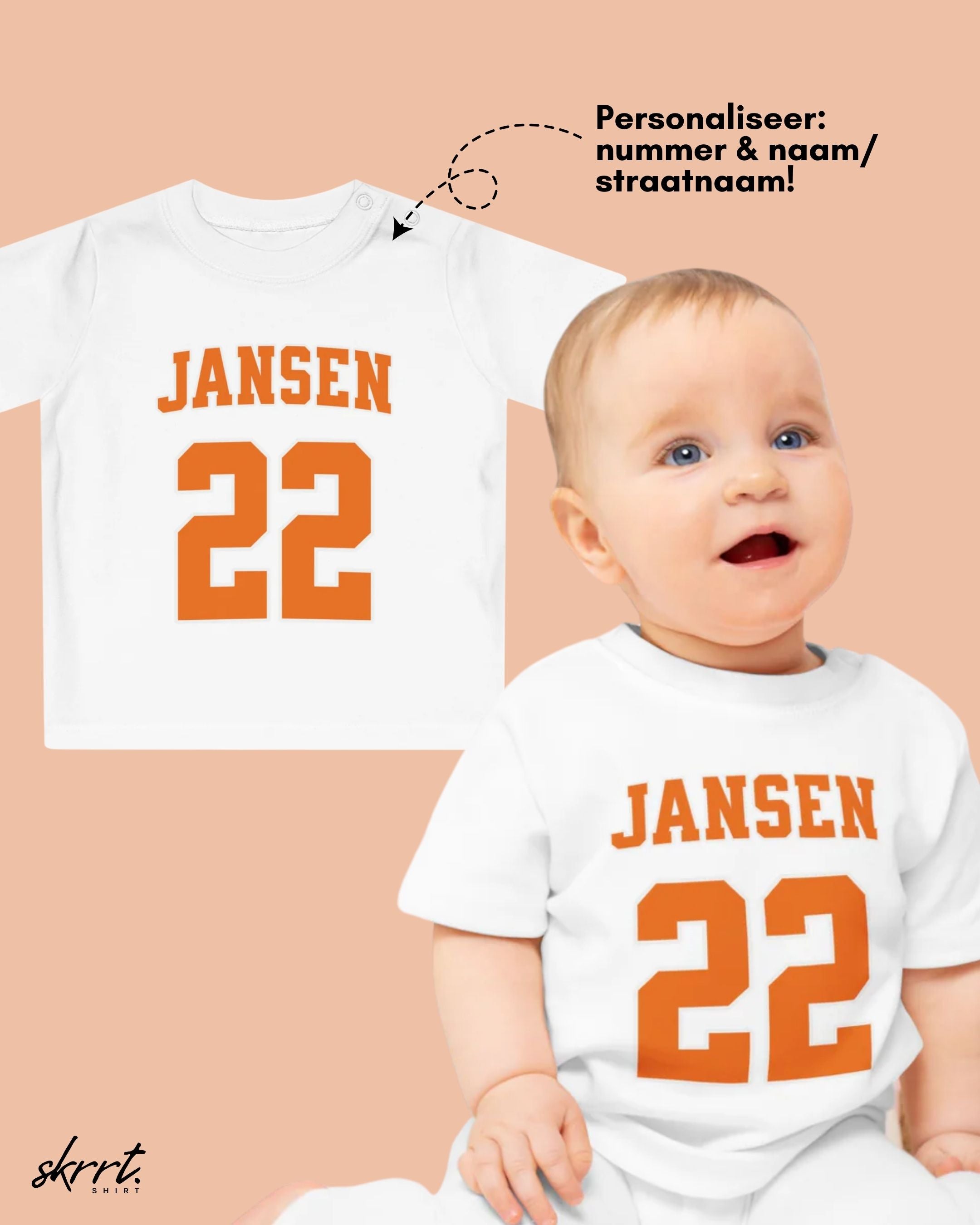 Baby T-shirt voor EK, WK en Koningsdag - Personaliseer met Naam & Rugnummer (Voorkant)