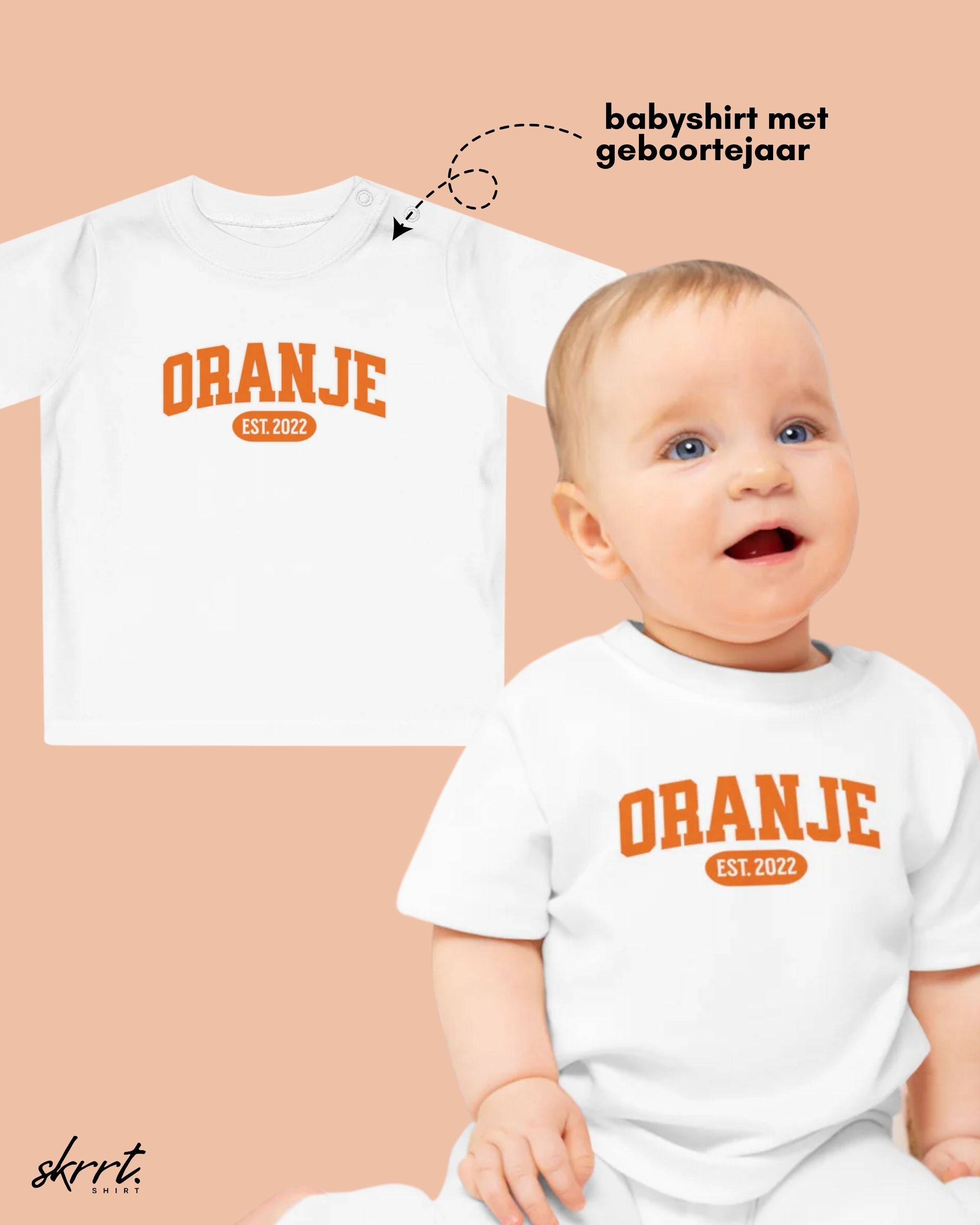 Baby T-shirt voor EK, WK en Koningsdag - Personaliseer met EST Jaar  - ORANJE (Voorkant)