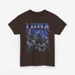 Donkerbruine T-shirt met LUNA-opdruk en collage van honden op borst.