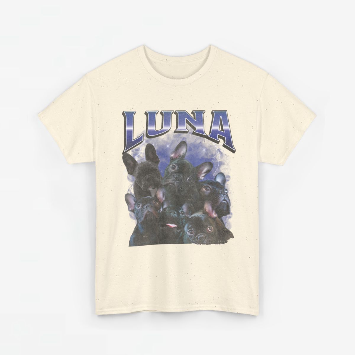 T-shirt crème met grote print 'LUNA' en collage van dierenkoppen