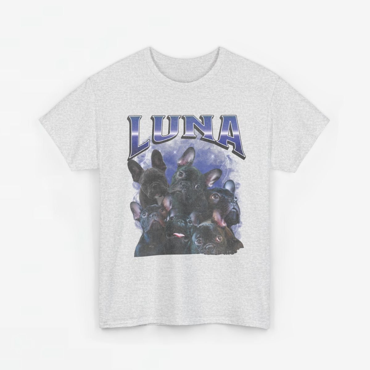T-shirt lichtgrijs met grote print 'LUNA' en collage van dierenkoppen