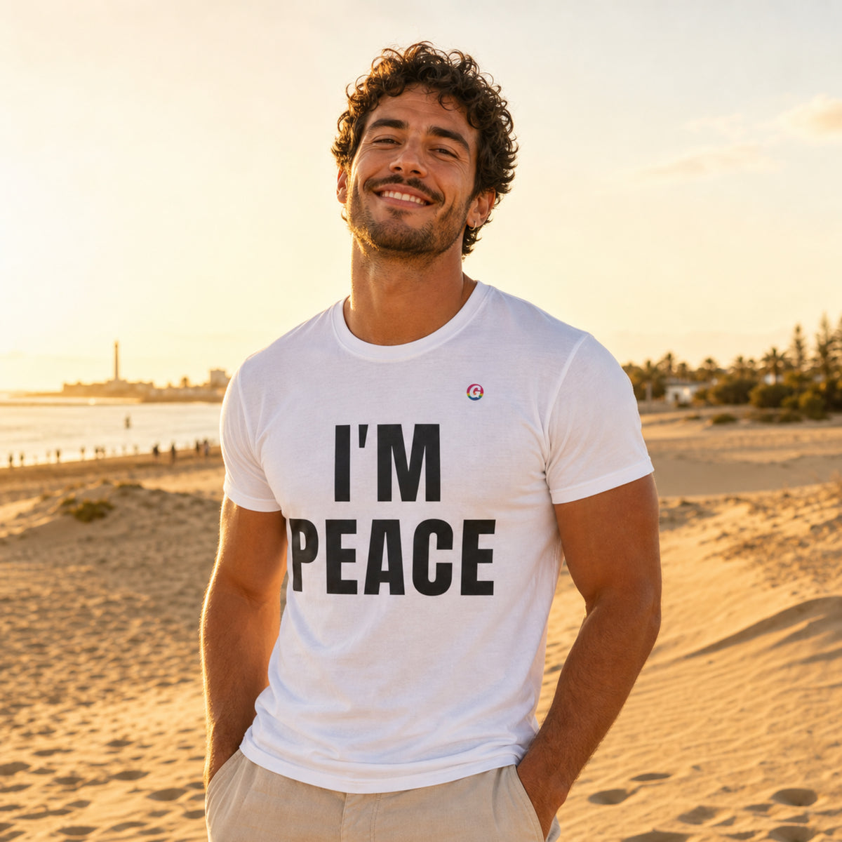 Witte t-shirt met zwarte tekst: I'M PEACE en klein regenboogicoon op borst
