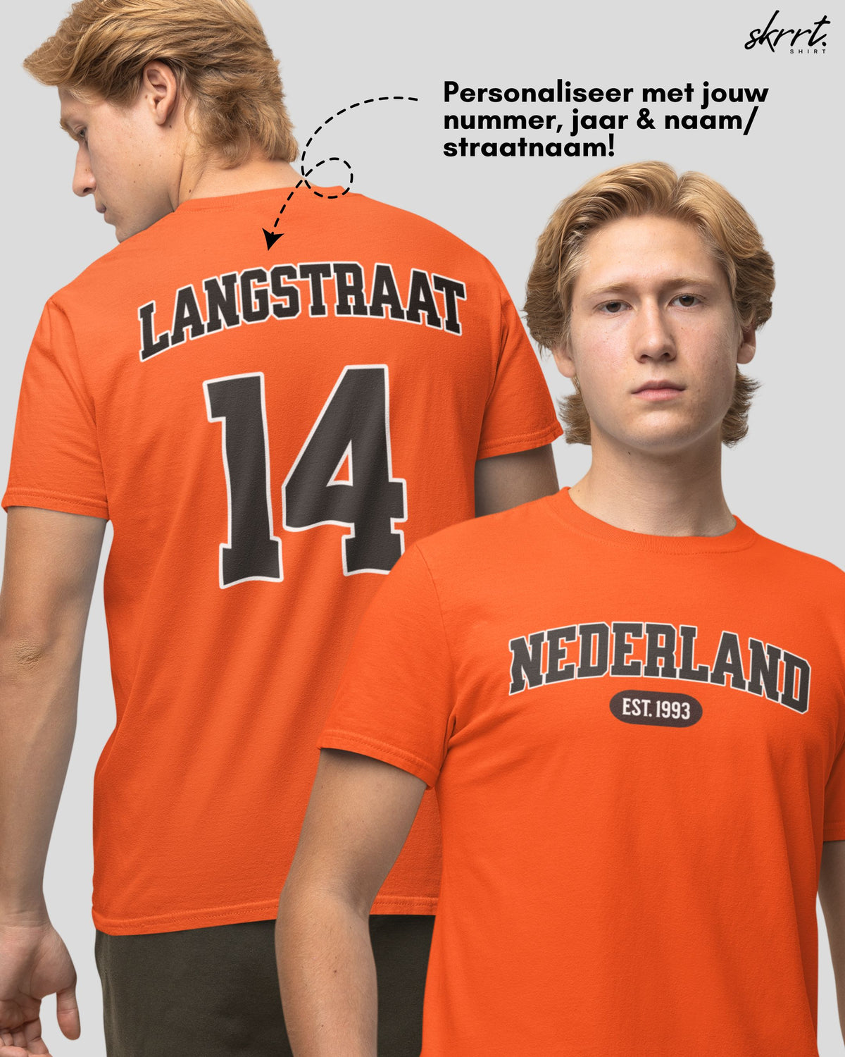 Oranje t-shirt met rugprint "ANGSTRAAT" 14 en borstprint NEDERLAND EST.1993