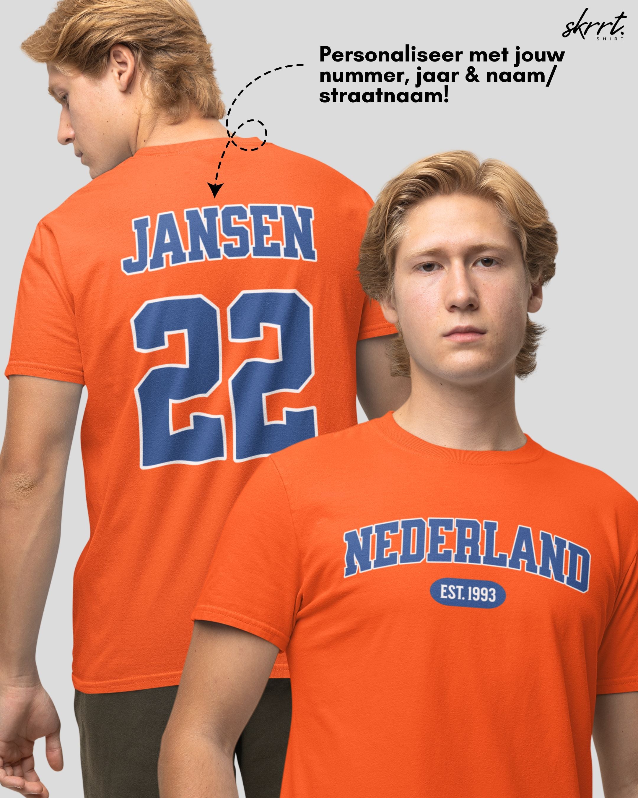 Oranje T-shirt voor EK, WK en Koningsdag - Personaliseer met Naam, Jaar & Rugnummer - NEDERLAND (blauwe tekst)