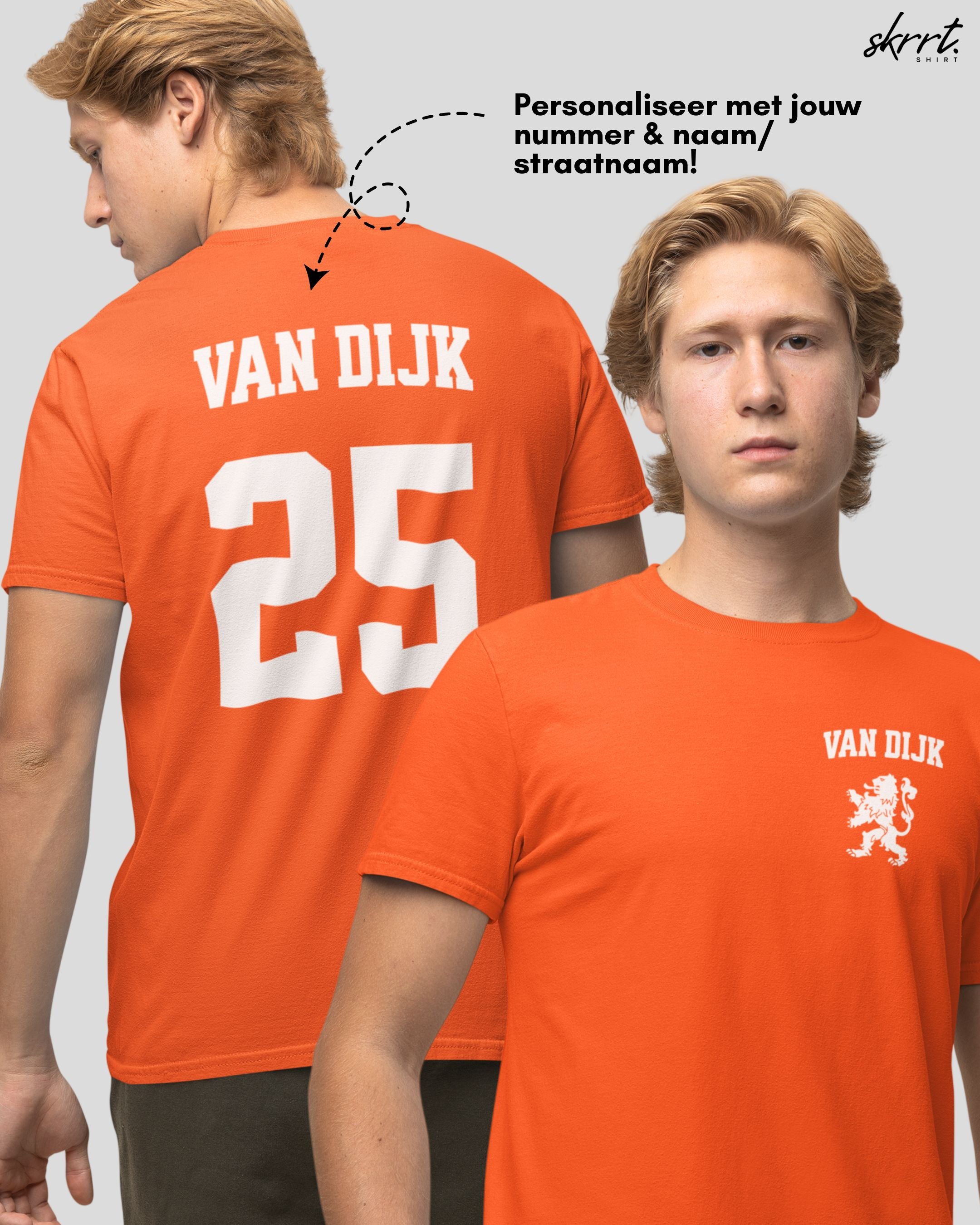 Oranje T-shirt voor EK, WK en Koningsdag - Personaliseer met Naam & Rugnummer - LEEUW + Naam (witte tekst)