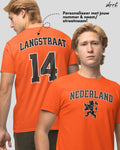 Oranje T-shirt voor EK, WK en Koningsdag - Personaliseer met Naam & Rugnummer - NEDERLAND met Leeuw (zwarte tekst)