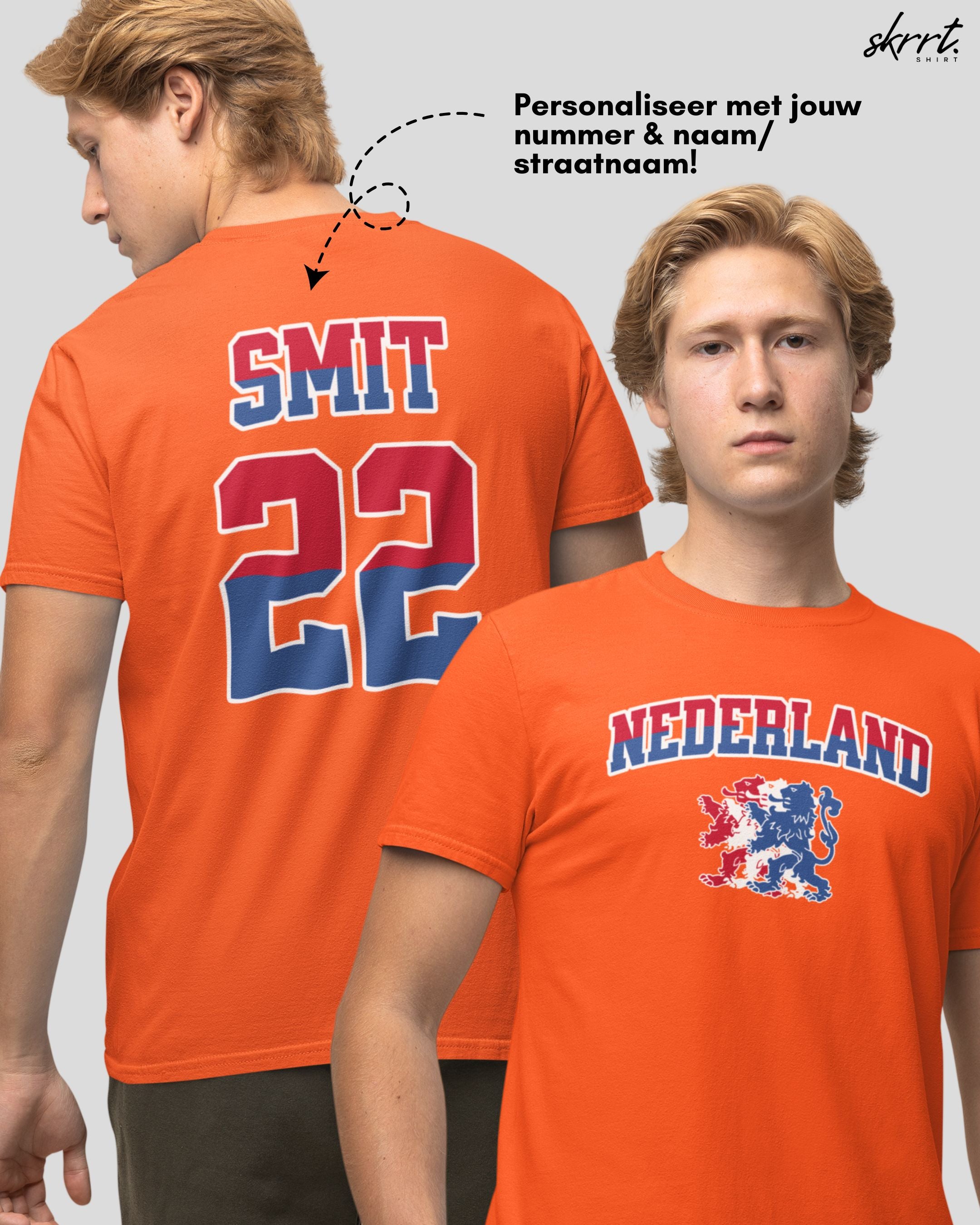 Oranje T-shirt voor EK, WK en Koningsdag - Personaliseer met Naam & Rugnummer - NEDERLAND met Leeuw (rode en blauwe tekst)