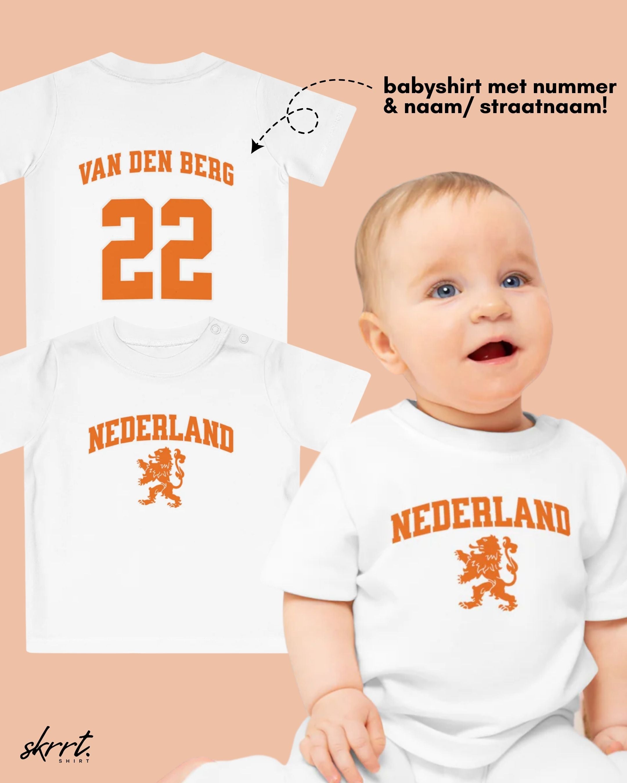 Baby T-shirt voor EK, WK en Koningsdag - Personaliseer met Naam & Rugnummer - NEDERLAND met Leeuw