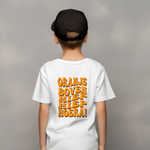 Kinder-T-shirt wit met oranje rugprint “ORANJE BOVEN HEEP HOERA!”