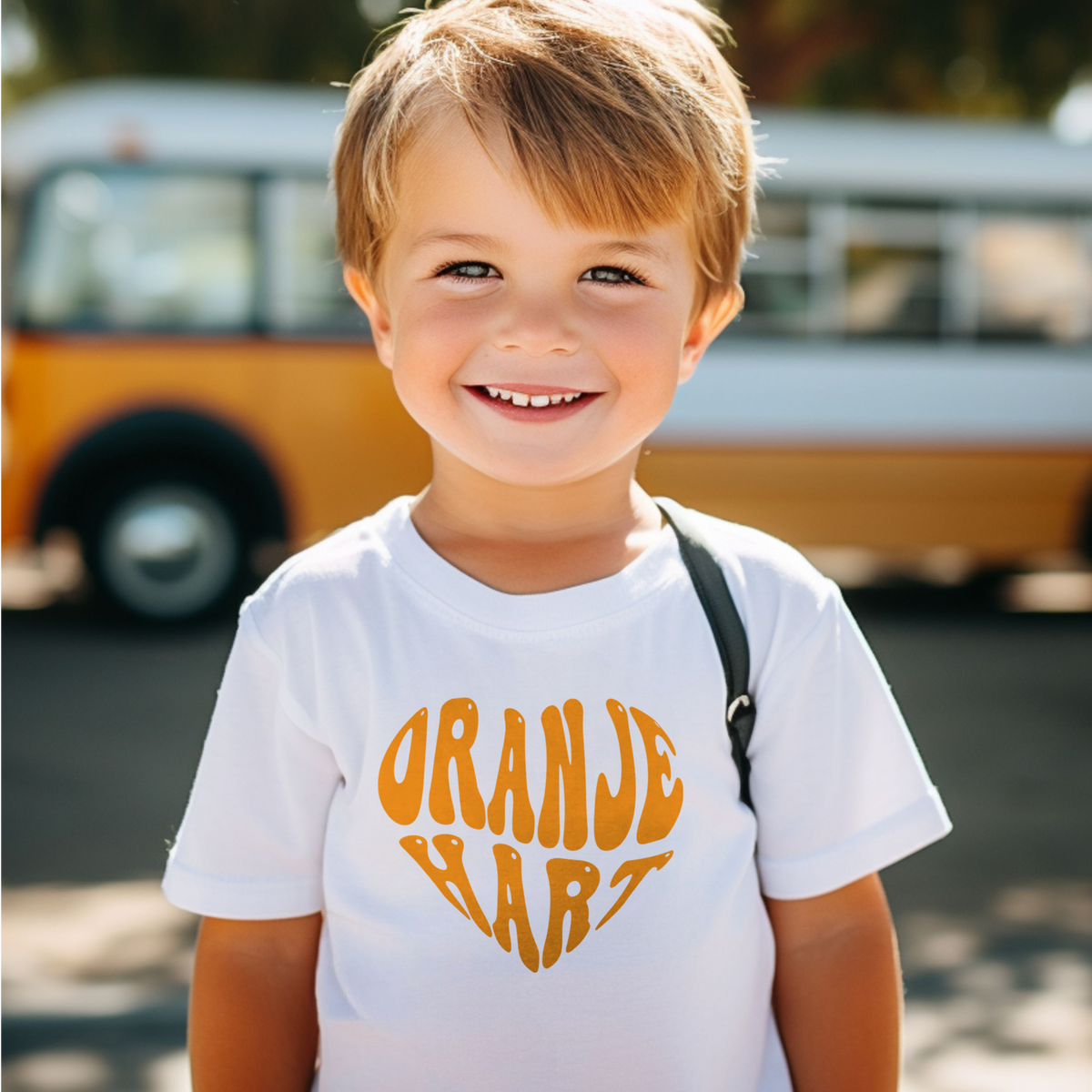 Wit kinder T-shirt met oranje hart voorprint, gedragen door kind